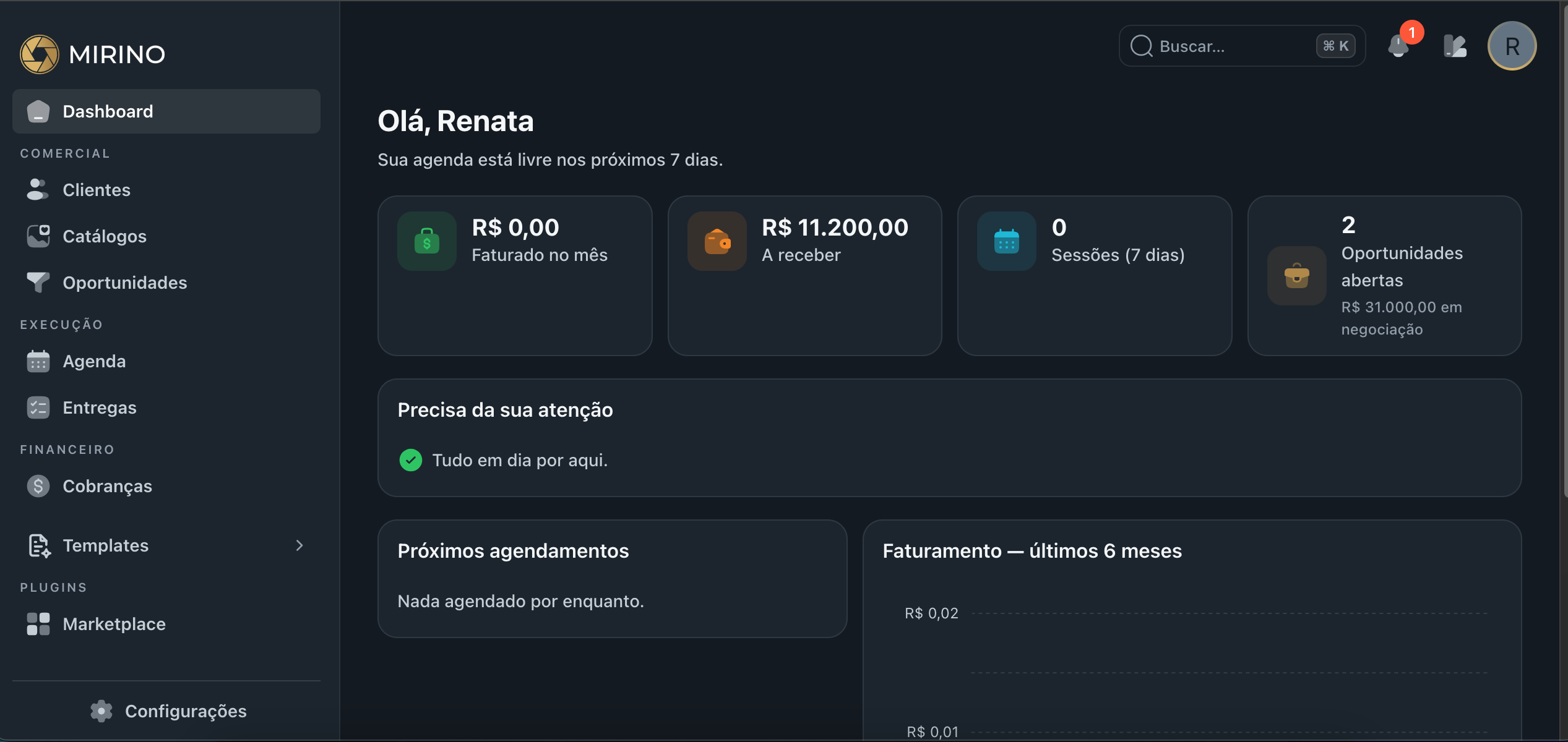 Tela inicial da plataforma Mirino com o menu lateral à esquerda e a opção Configurações no rodapé