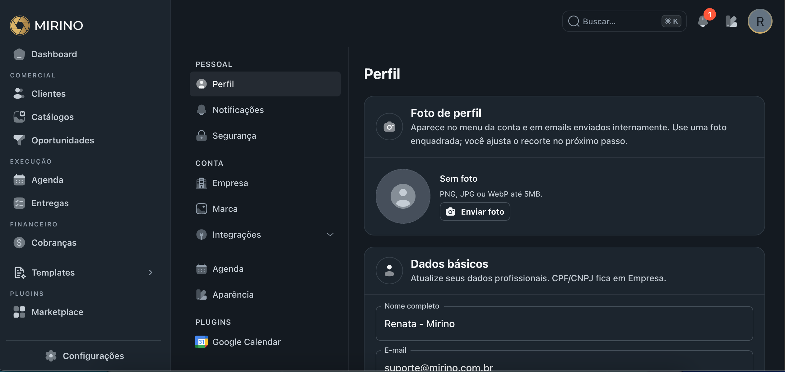 Tela de Perfil mostrando seção de Foto de perfil e Dados básicos