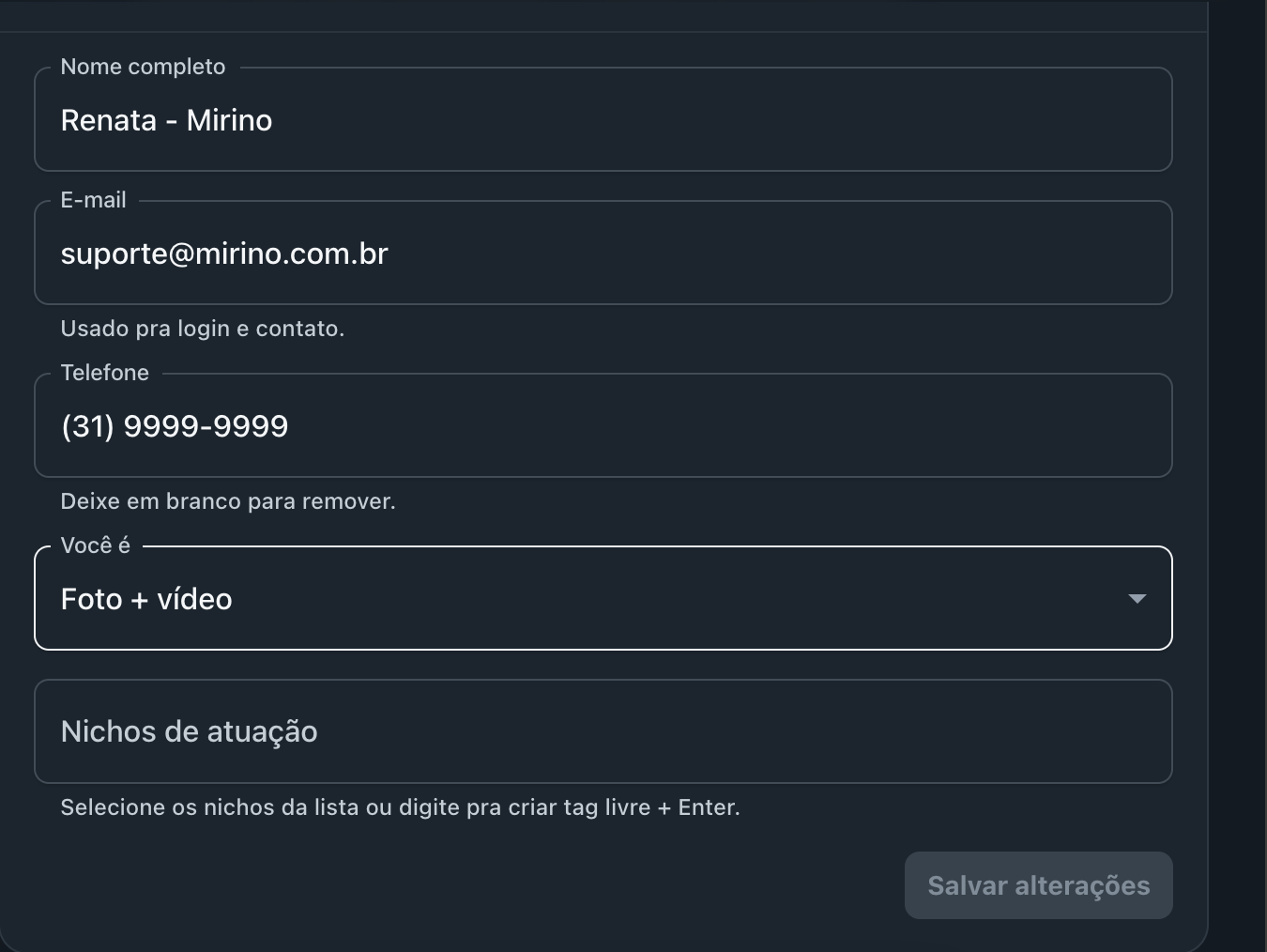 Formulário de Perfil com os campos Nome completo, E-mail, Telefone, Você é e Nichos de atuação