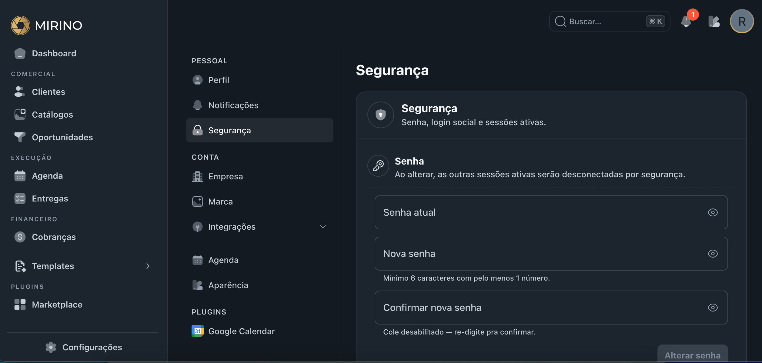 Tela de Segurança com formulário para alterar senha