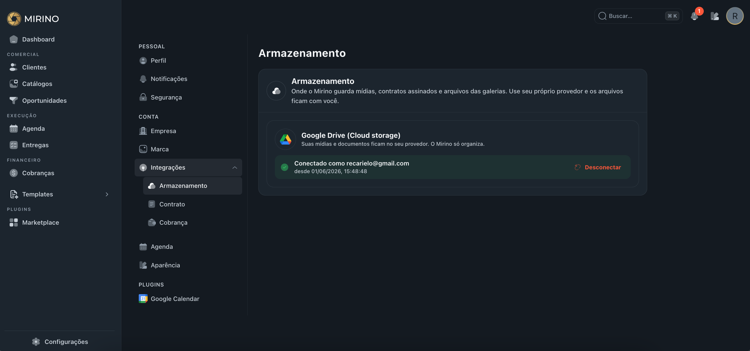 Tela Armazenamento mostrando integração Google Drive conectada