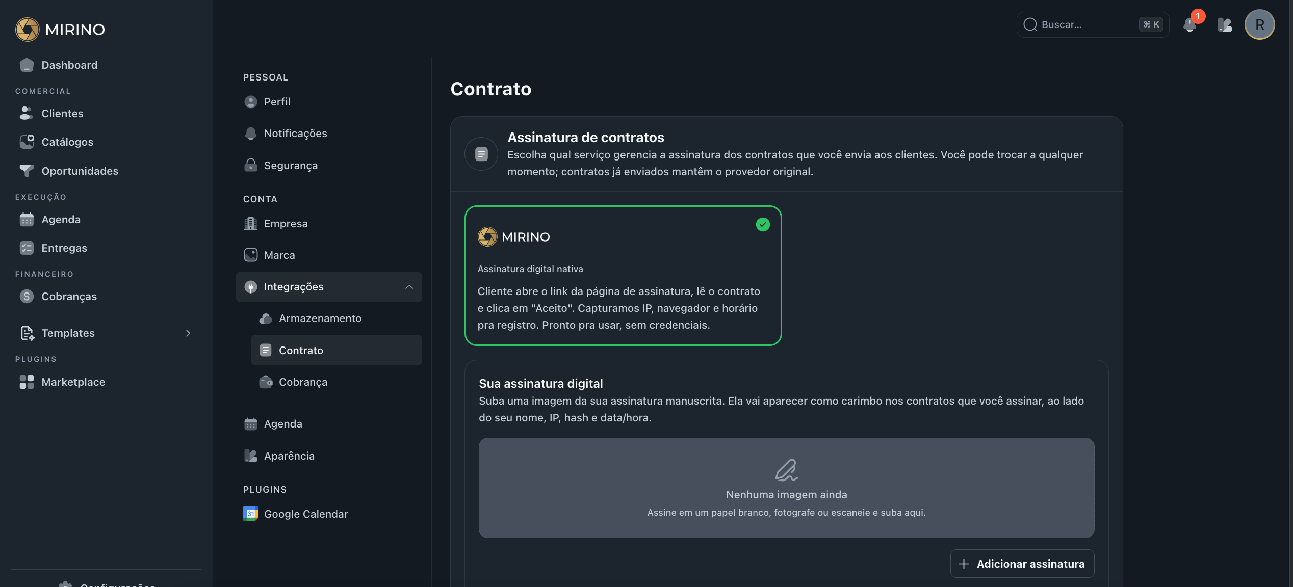 Tela Contrato com assinatura digital Mirino selecionada e área pra subir assinatura manuscrita