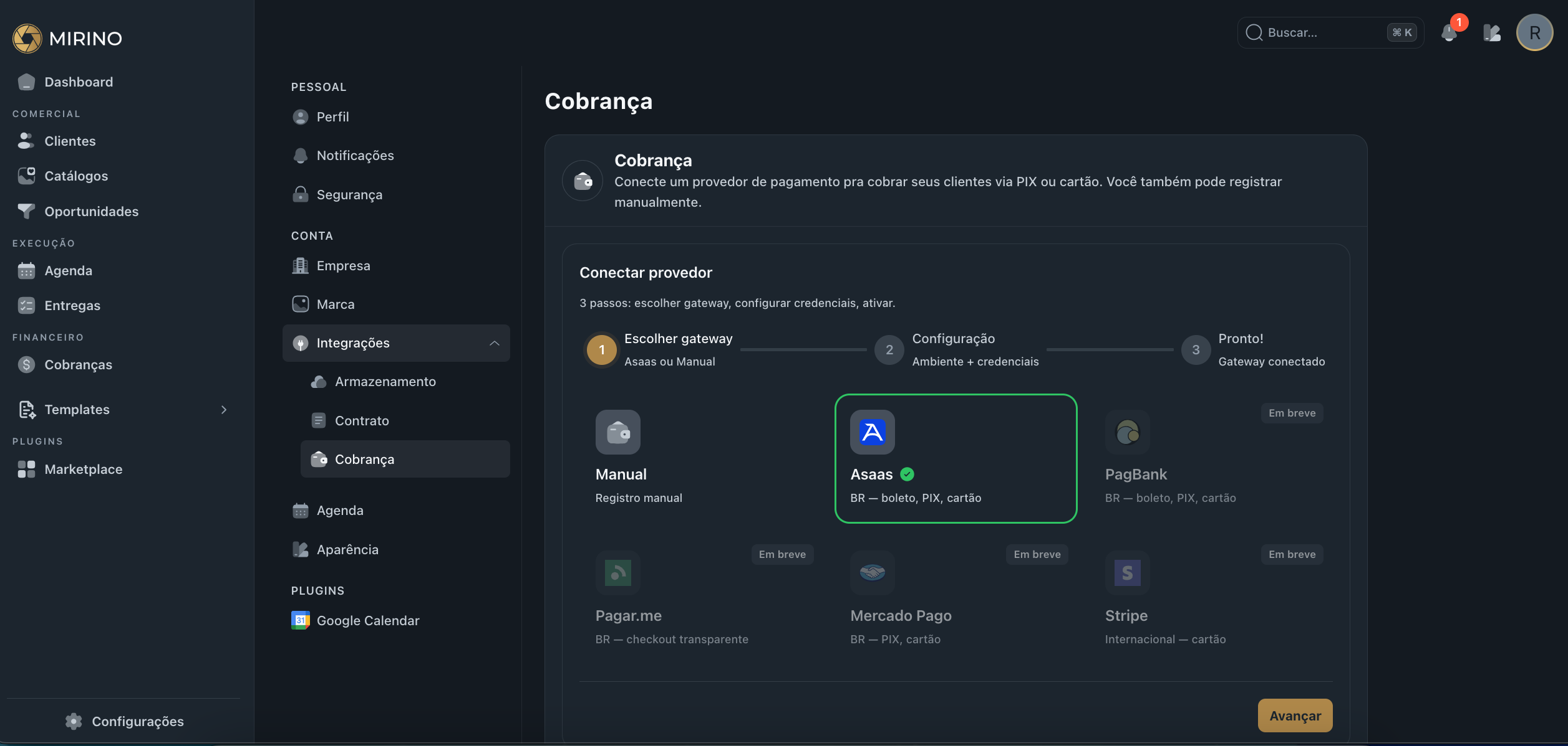 Tela Cobrança mostrando gateways de pagamento disponíveis com Asaas selecionado