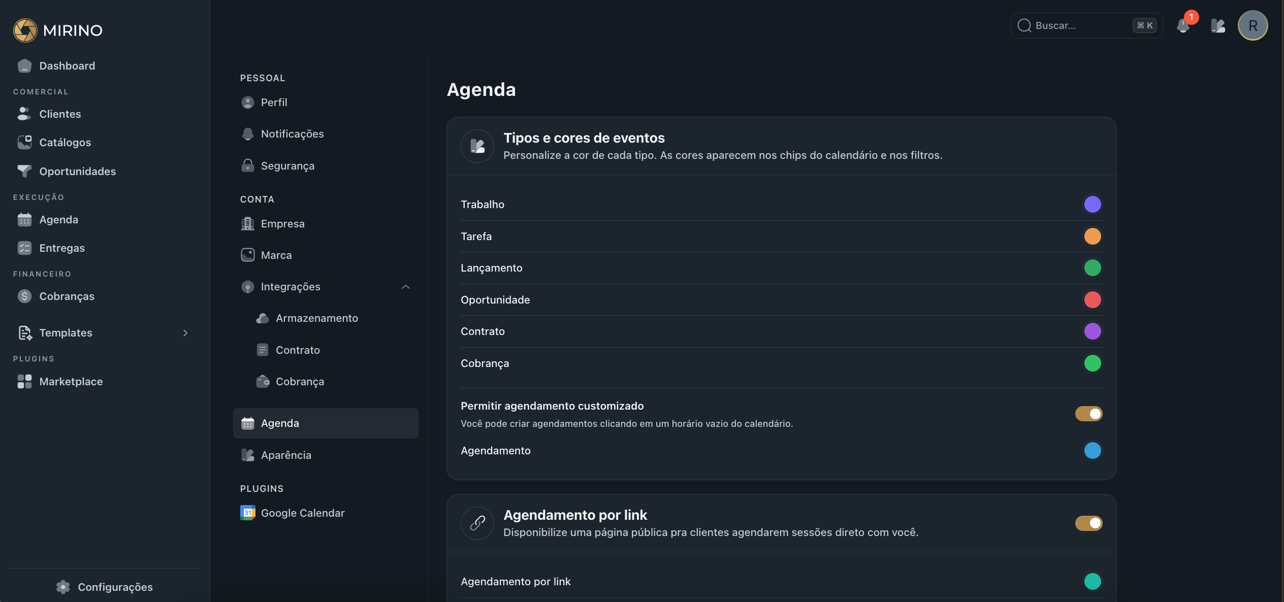 Tela Agenda mostrando configuração de tipos e cores de eventos