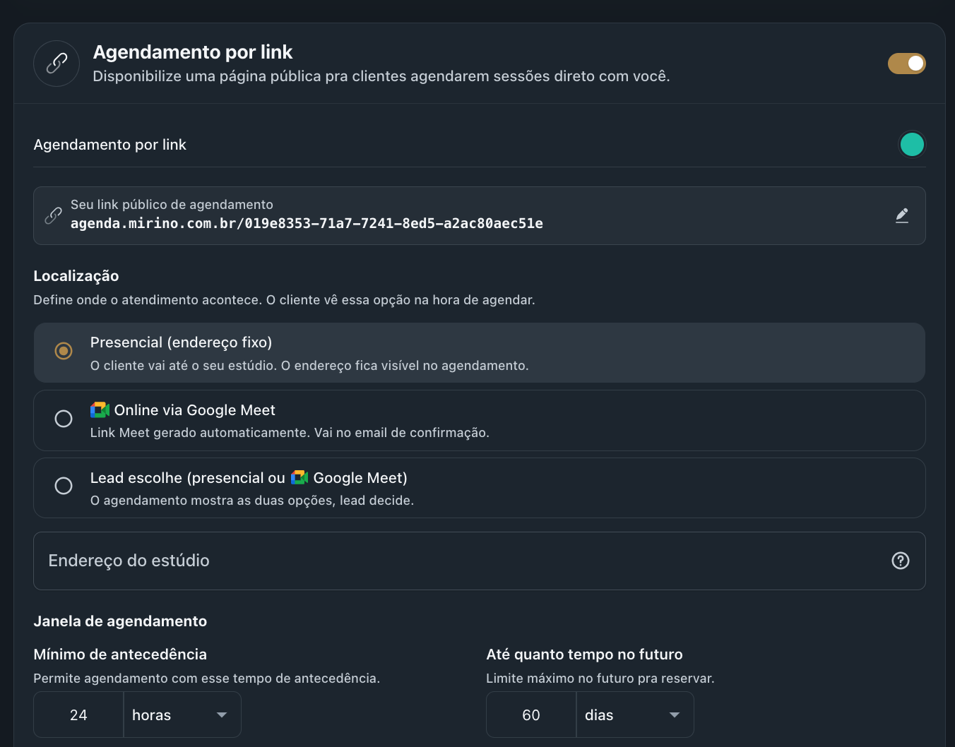 Tela Agendamento por link com link público, localização e janela de agendamento