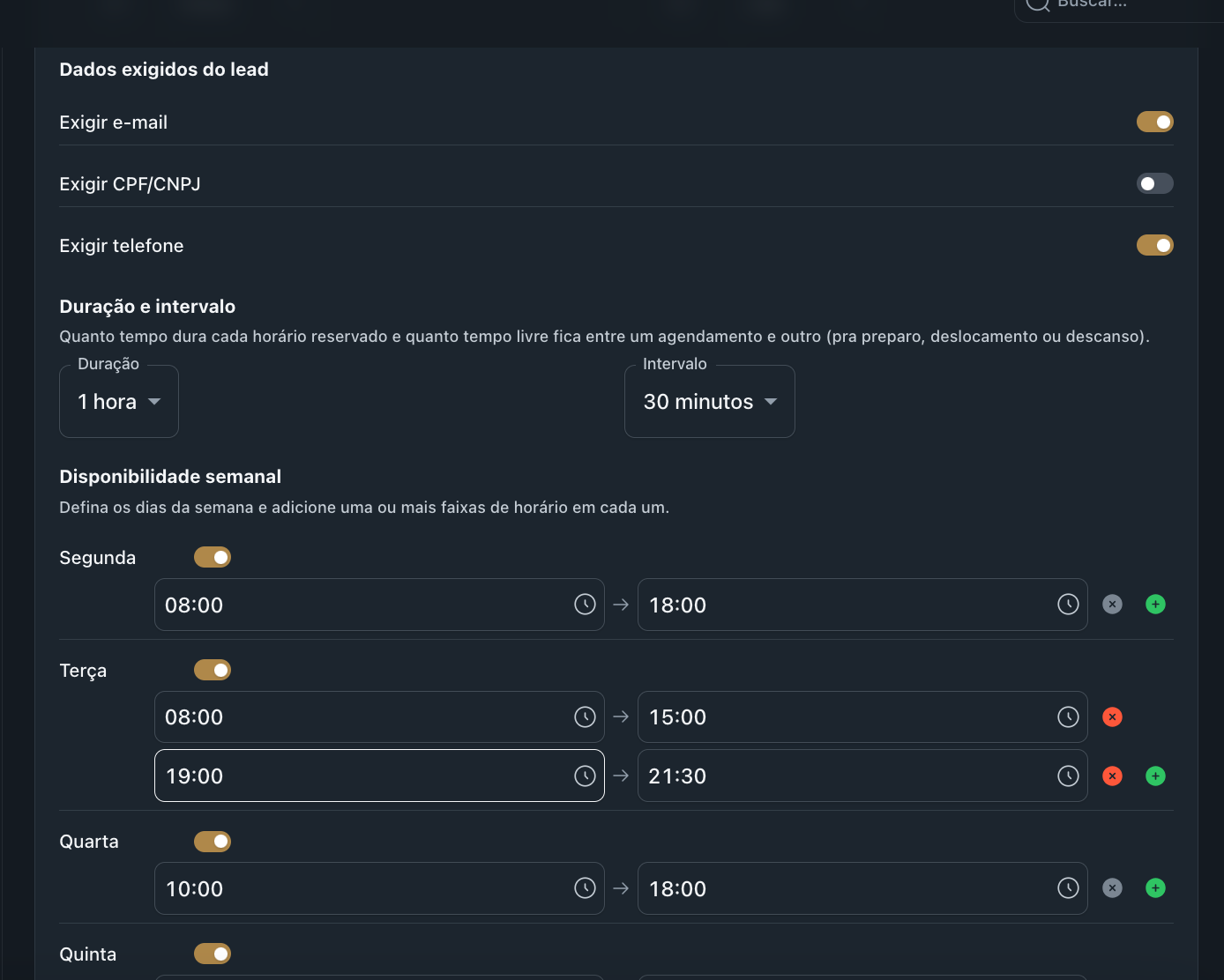 Tela mostrando dados exigidos, duração, intervalo e disponibilidade semanal por dia