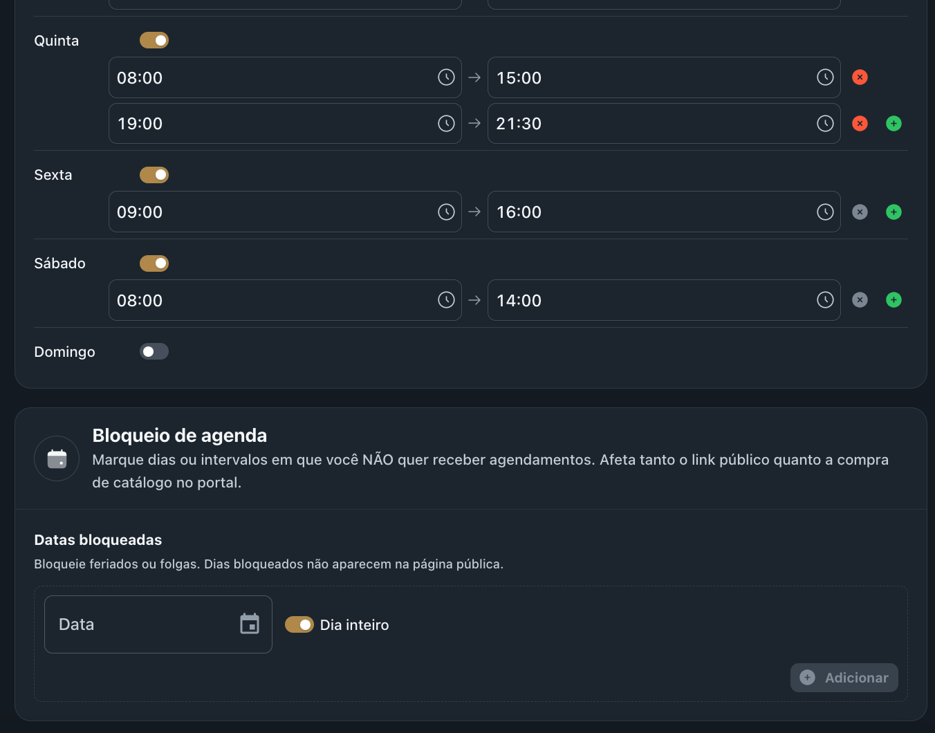 Tela mostrando disponibilidade semanal com Quinta, Sexta, Sábado e a seção Bloqueio de agenda