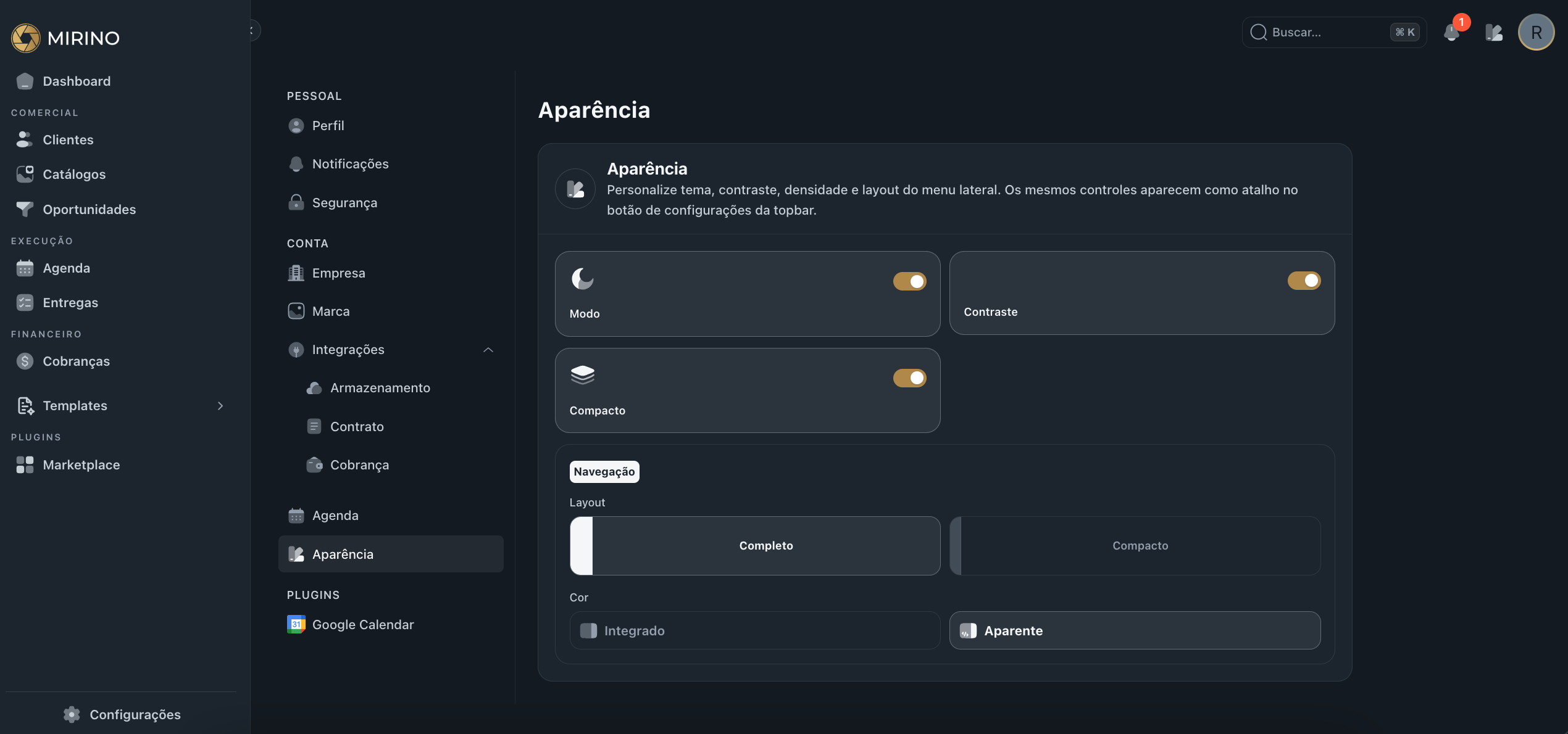 Tela Aparência mostrando opções de modo, contraste, compacto, layout e cor do menu