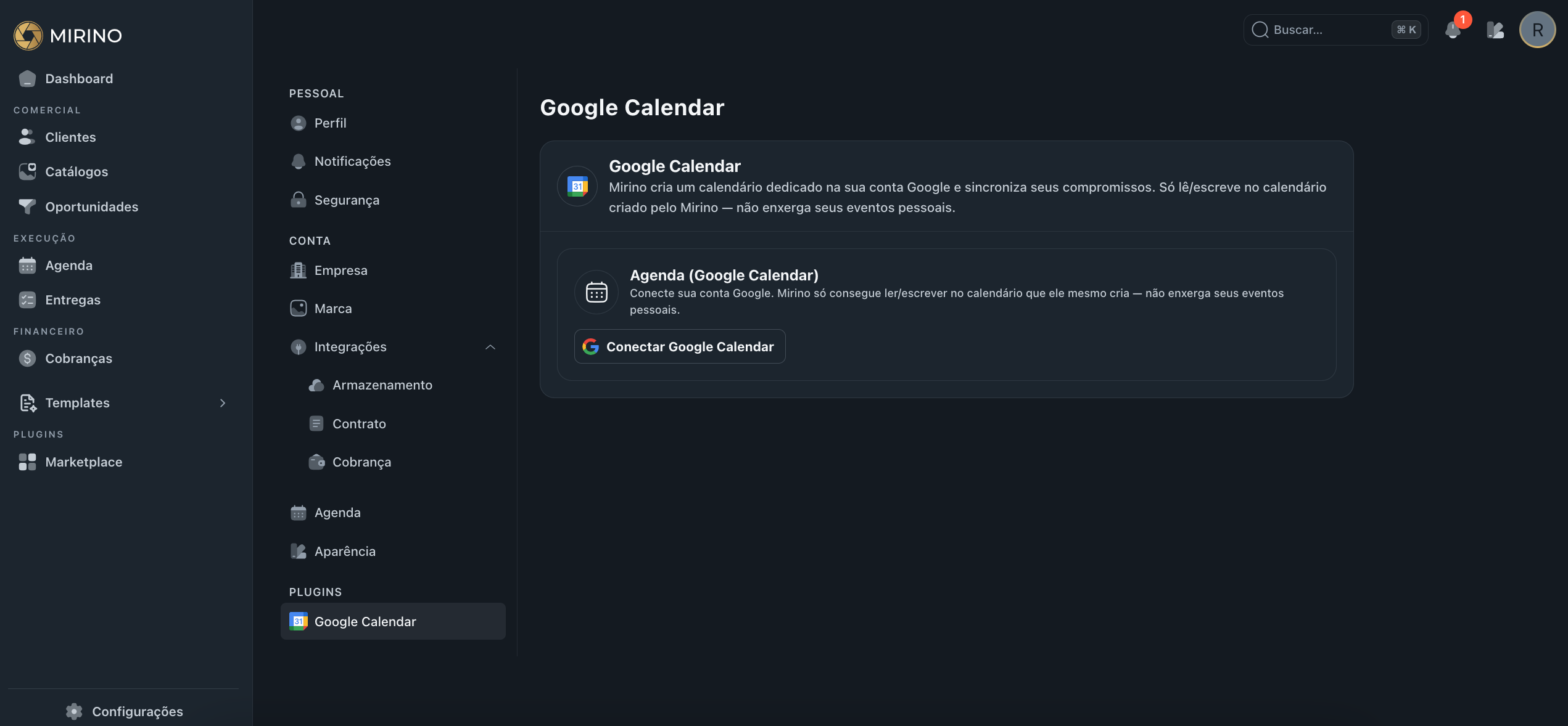Tela do plugin Google Calendar com botão Conectar Google Calendar